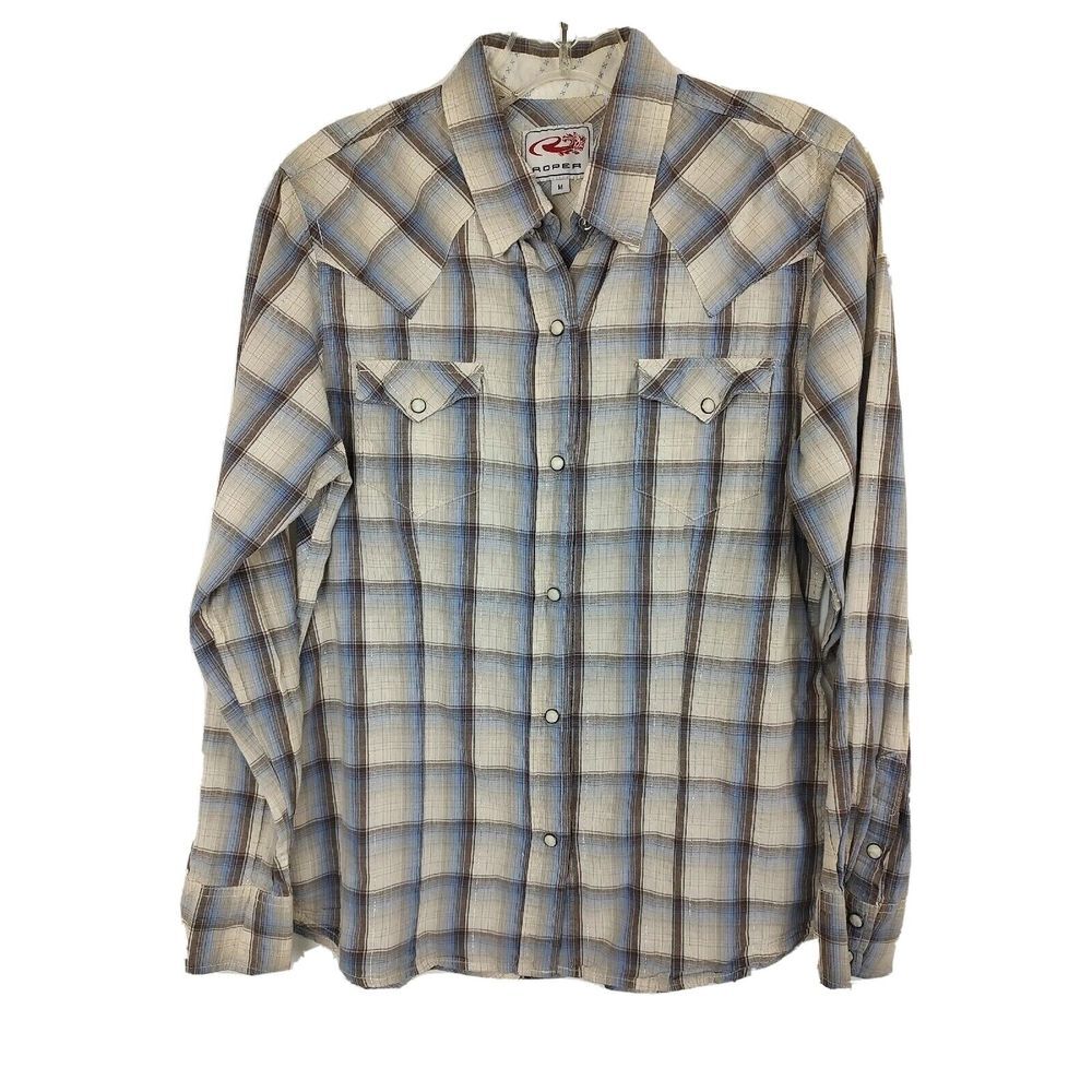 Roper Womens Western Snap Shirt Blue Brown Plaid Metallic Lurex Medium Cowgirl